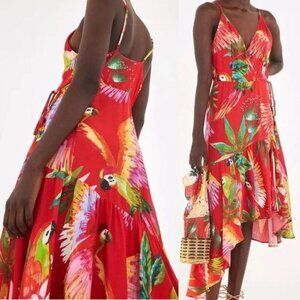 Farm Rio Wrap Dress Size L Tiered Asymmetrical Beaded Tropical Bird Exotic Boho